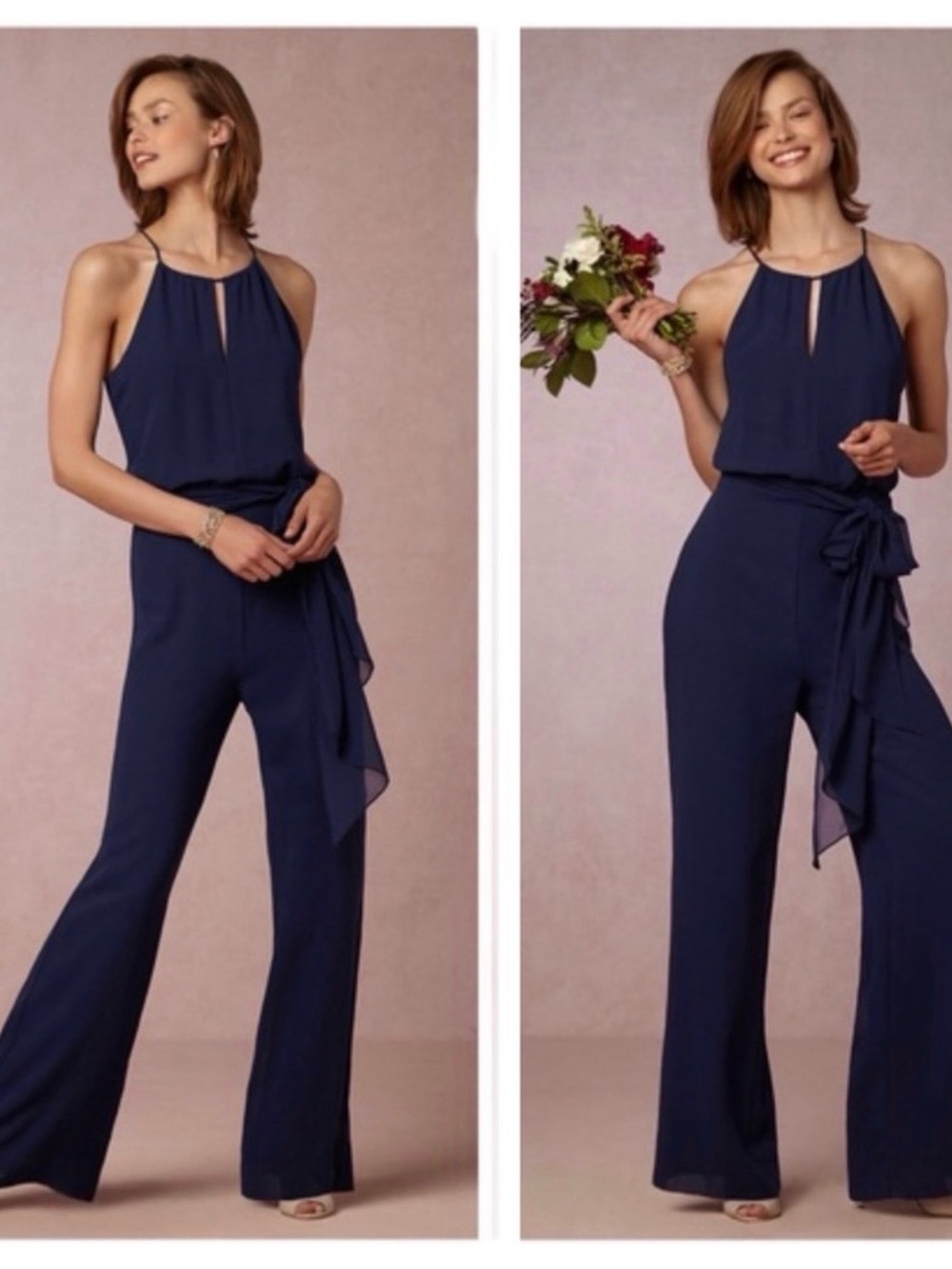 BHLDN by Anthropologie Donna Morgan Navy Halter Wide Leg Jumpsuit Tie Waist S 4